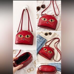 Vintage Red Leather Cat Face Crossbody Mini Purse Novelty Y2K Cottagecore
